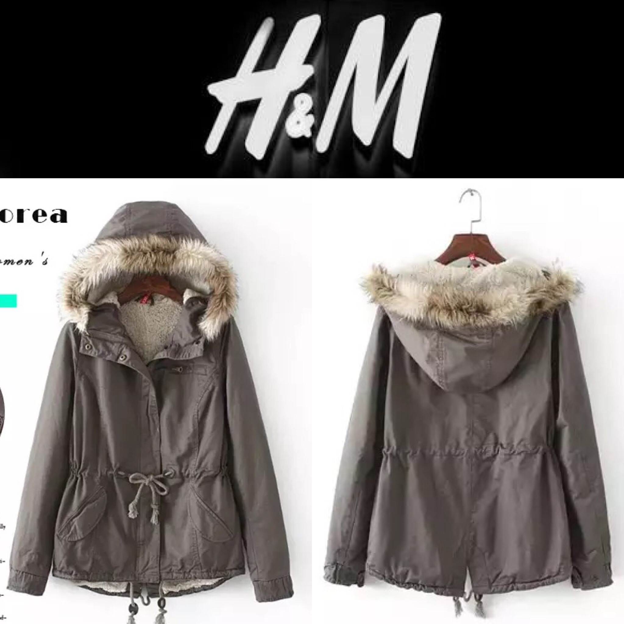 เสื้อโค้ท เสื้อกันหนาว สีเทา แบรนด์เนม H&M แต่งหมวกฮูท บุขนอุ่นสีขาวด้านใน แต่งขนเฟอร์ขอบหมวก แพทเทินสวย งานหรู อุ่น มากคะ size S/M/L/XL/XXL เทา