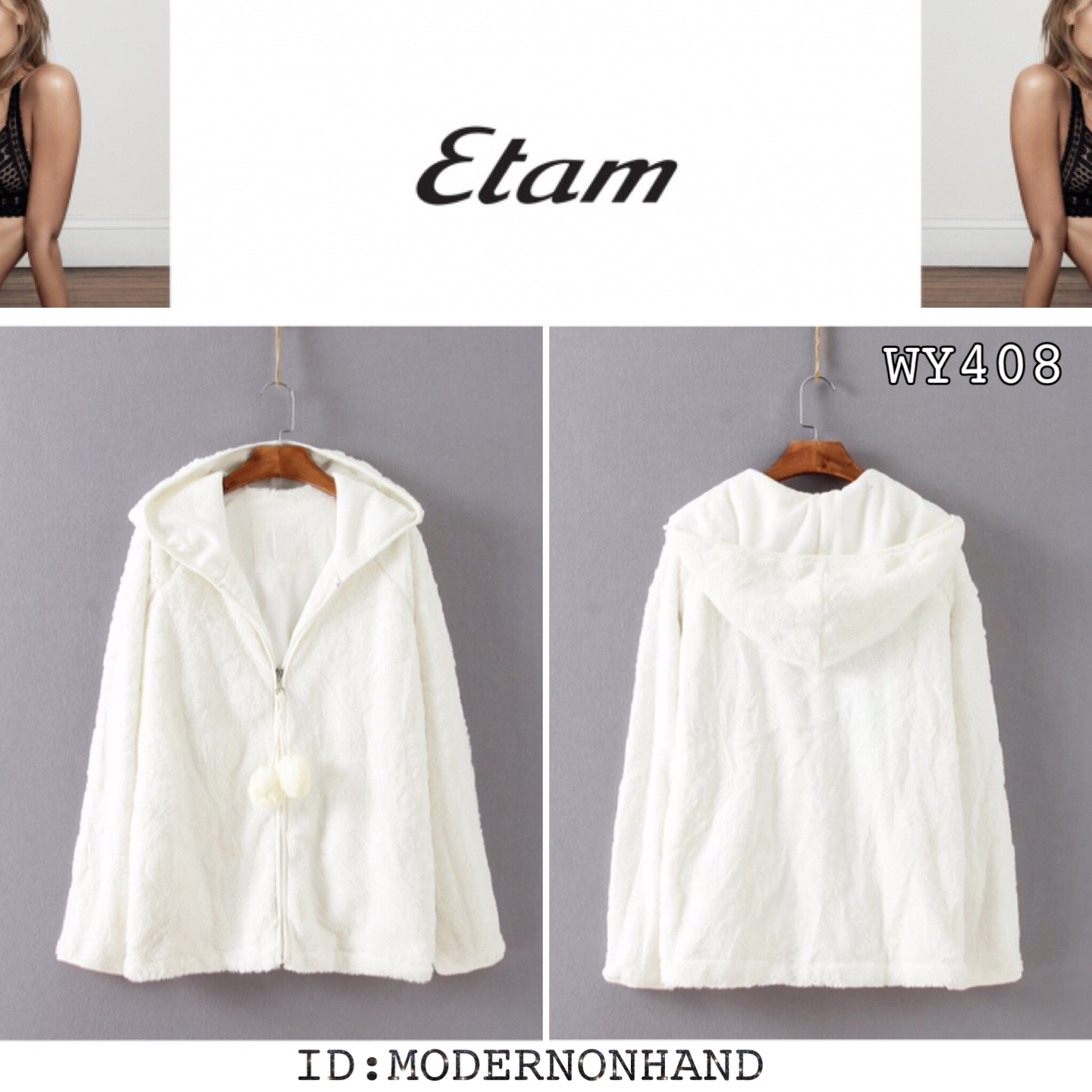 Etam เสื้อกันหนาว เสื้อคลุมกันหนาว แบรนด์เนมETAM แต่งขน สีขาว แต่งฮูท เนื้อขนนุ่ม เนียนมากๆคะ ขาว