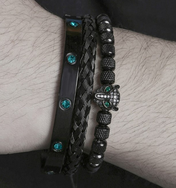 Set สร้อยข้อมือ แฟชั่น สแตนเลสแท้ สไตล์ พั้งค์ ร็อค กำไล พร้อม สร้อยข้อมือ หัวเสือฝังเพชร สวยหรู 488011