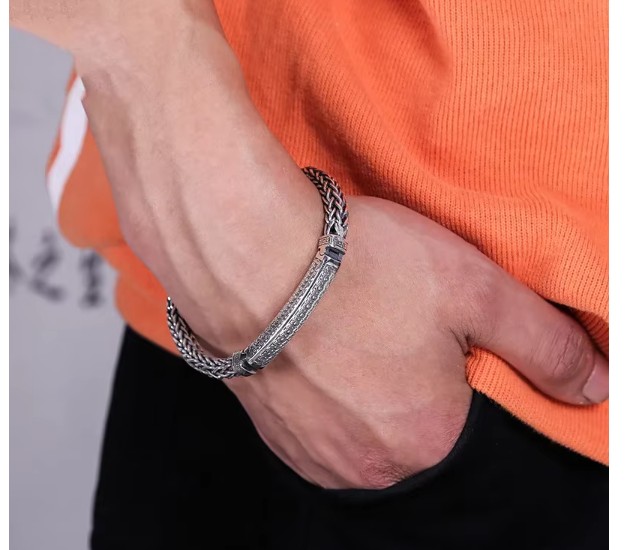 สร้อยข้อมือ ชาย วัยรุ่น เงินแท้ 925 ลายเปีย เกลียวสวย ตอกลาย เม็ดไข่ปลา ลวดลายเกลียวโบราณ 766534