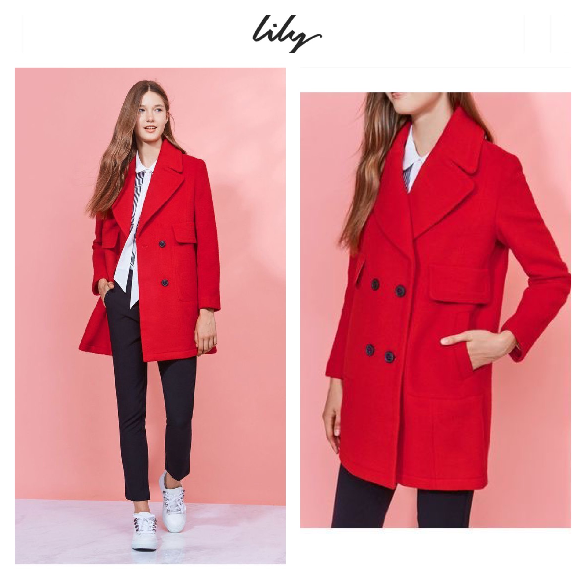 เสื้อโค้ท เสื้อกันหนาว เนื้อผ้าสักหลาดวูล สีแดง แบรนด์LILY