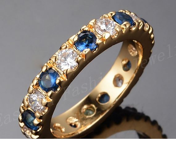 แหวนทอง แหวนผู้หญิง ใส่ออกงาน ฝังอัญมณี สีน้ำเงิน Navy Blue Sapphire สลับ กับ เพชร CZ AAA สุดหรู ของขวัญให้แฟน ใส่ออกงาน สวยหรู มีระดับ 845088