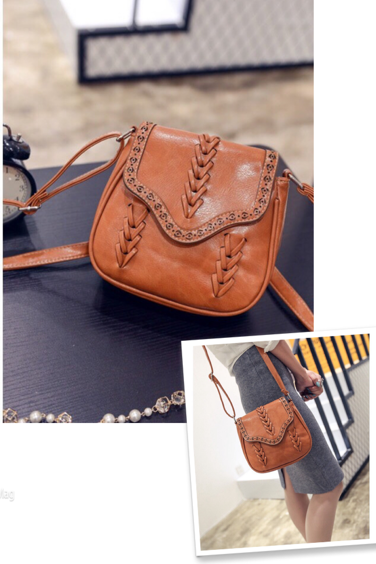 กระเป๋าสะพายข้าง ทรงวินเทจ สีน้ำตาล แต่งลายฉลุ ลายถัก สวยเก๋ แนวมากคะ Size :กว้าง20/สูง18/หนา9cm