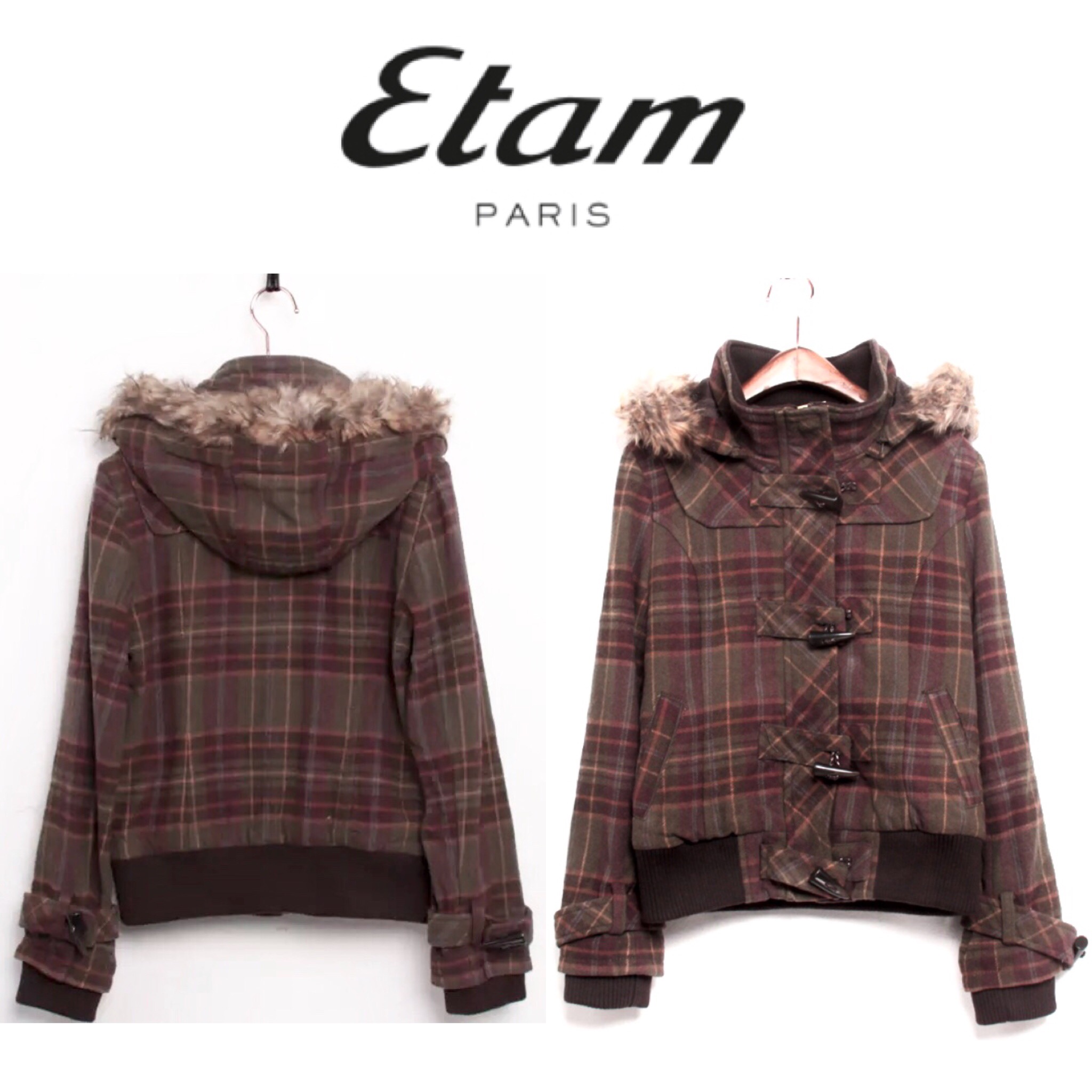 เสื้อกันหนาว หมวกฮูท เสื้อกันหนาวแบรนด์เนม ES Style By etam แท้ เนื้อผ้าสักหลาด แต่งขนเฟอร์ (ขนเฟอร์ถอดได้คะ) Size S