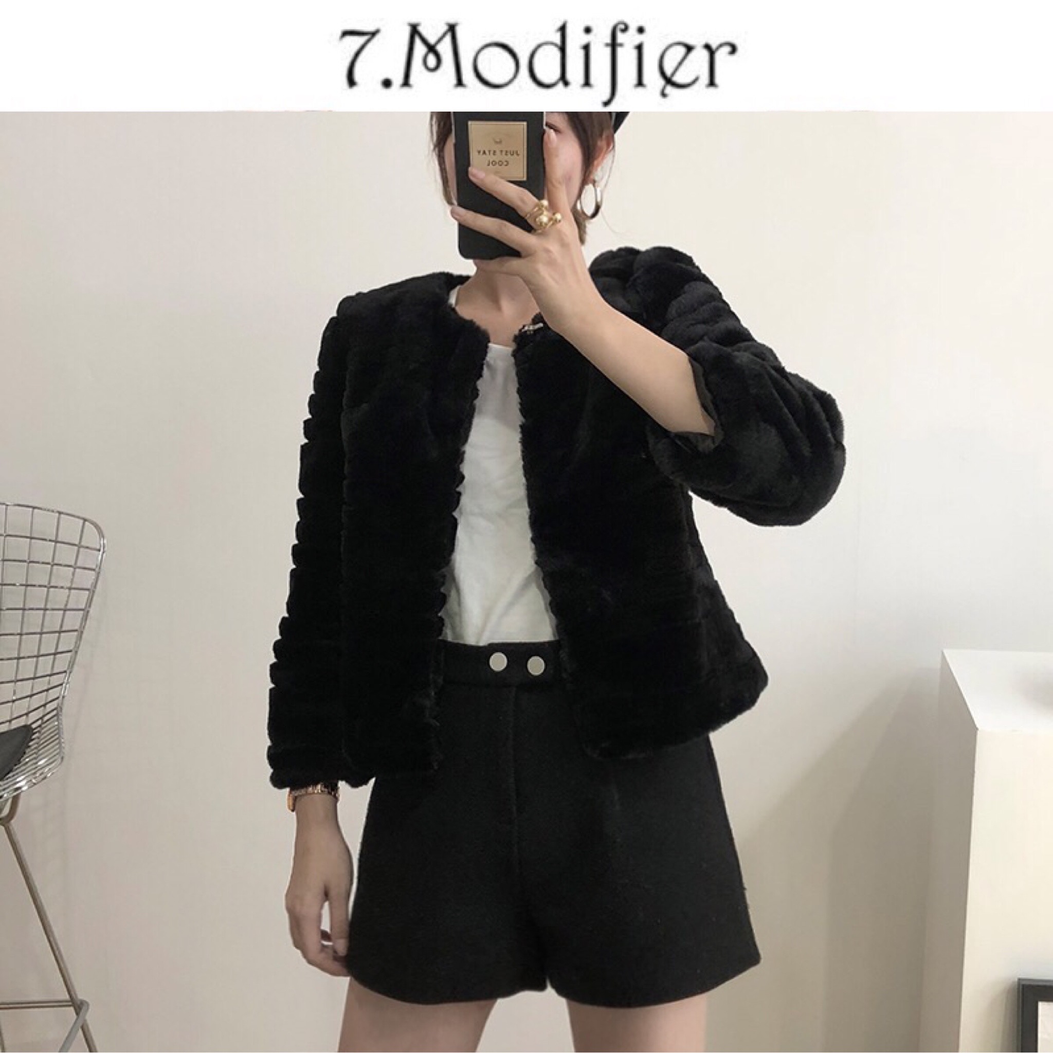 7.modifier เสื้อเฟอร์กันหนาว กันหนาวขนเฟอร์สีดำ แบรนด์ 7.Modifier เสื้อคลุมขน ดำ