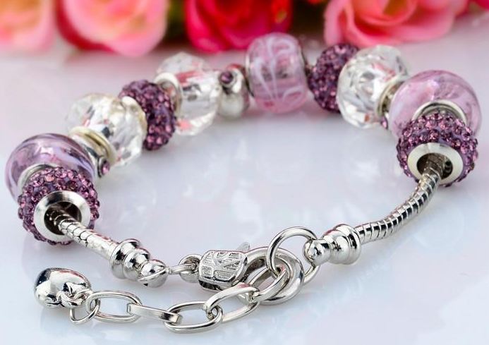 สร้อยข้อมือ Diy สไตล์ Pandora สร้อยข้อมือ Hade made ร้อย Glass Beads โทนสีม่วง ดอกลาเวนเดอร์ หวาน ๆ สลับ คริสตัลกลม สีสวย 883125