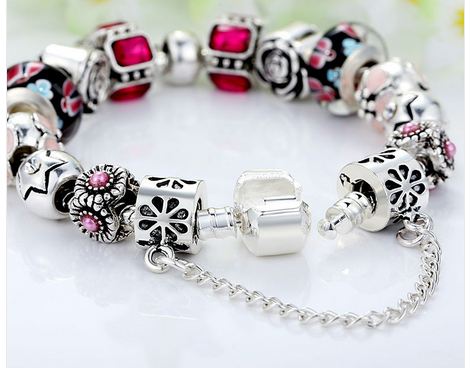 สร้อยข้อมือ Diy สร้อยข้อมือ Charm สไตล์ Pandora ติดคริสตัล ออสเตเรีย สีชมพู ทับทิม สีสวย ร้อย สลับ เม็ดบีด สีเงิน ห้อยจี้ดอกไม้ สวยหรู 758788