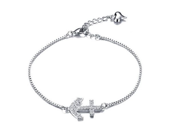 สร้อยข้อมือ ออกงาน สร้อยข้อมือเงิน Platinum ดีไซน์ รูป สมอเรือ ฝังเพชร CZ AAA สวย เป็นประกาย สร้อยข้อมือให้แฟน ใส่ออกงาน 665654