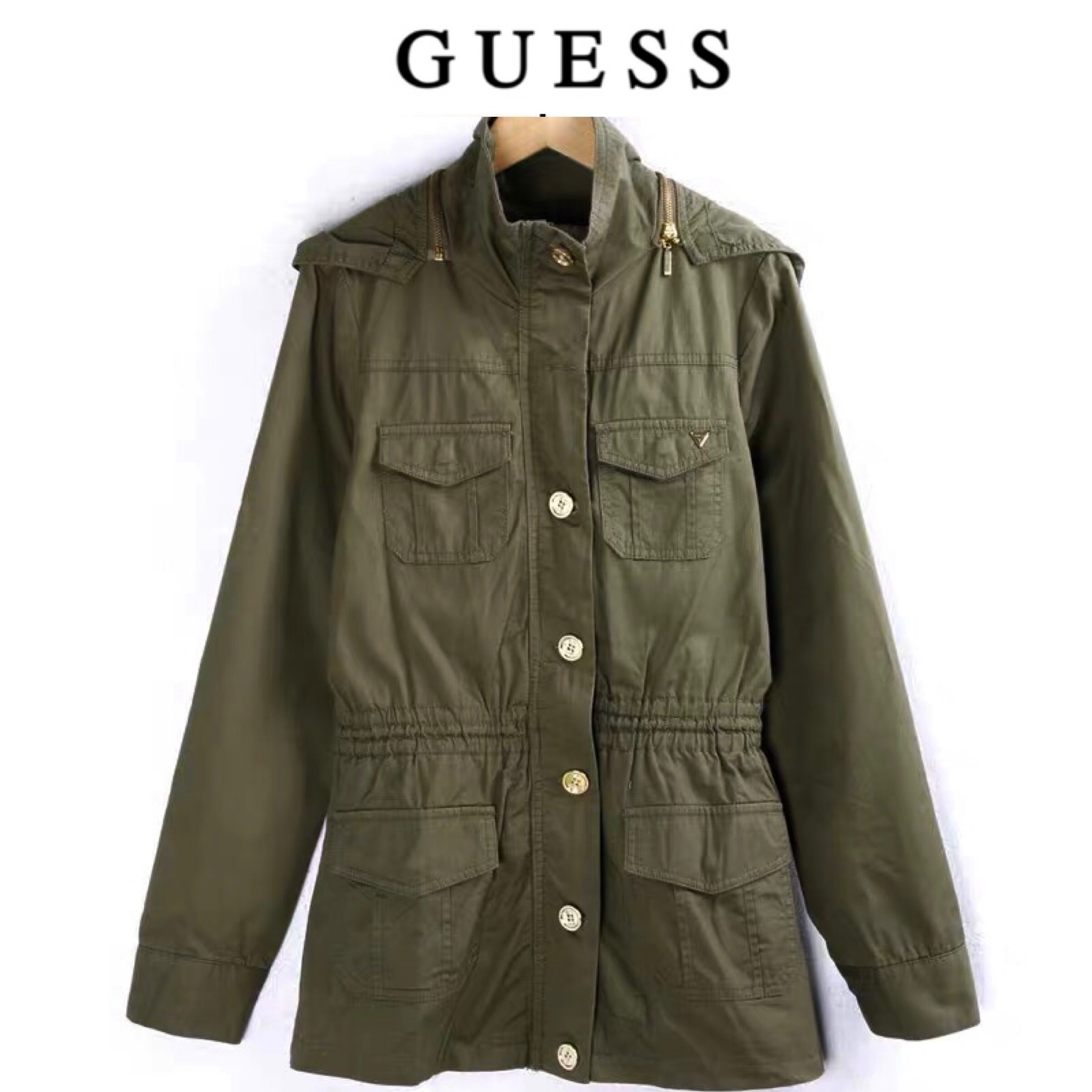 Guess เสื้อนอกเขียวทหาร เสื้อแจ็คเก็ต เสื้อฮู้ด แนวทหาร แพทเทินสวย เท่ห์ มาก แบรนด์ GUESS เขียว