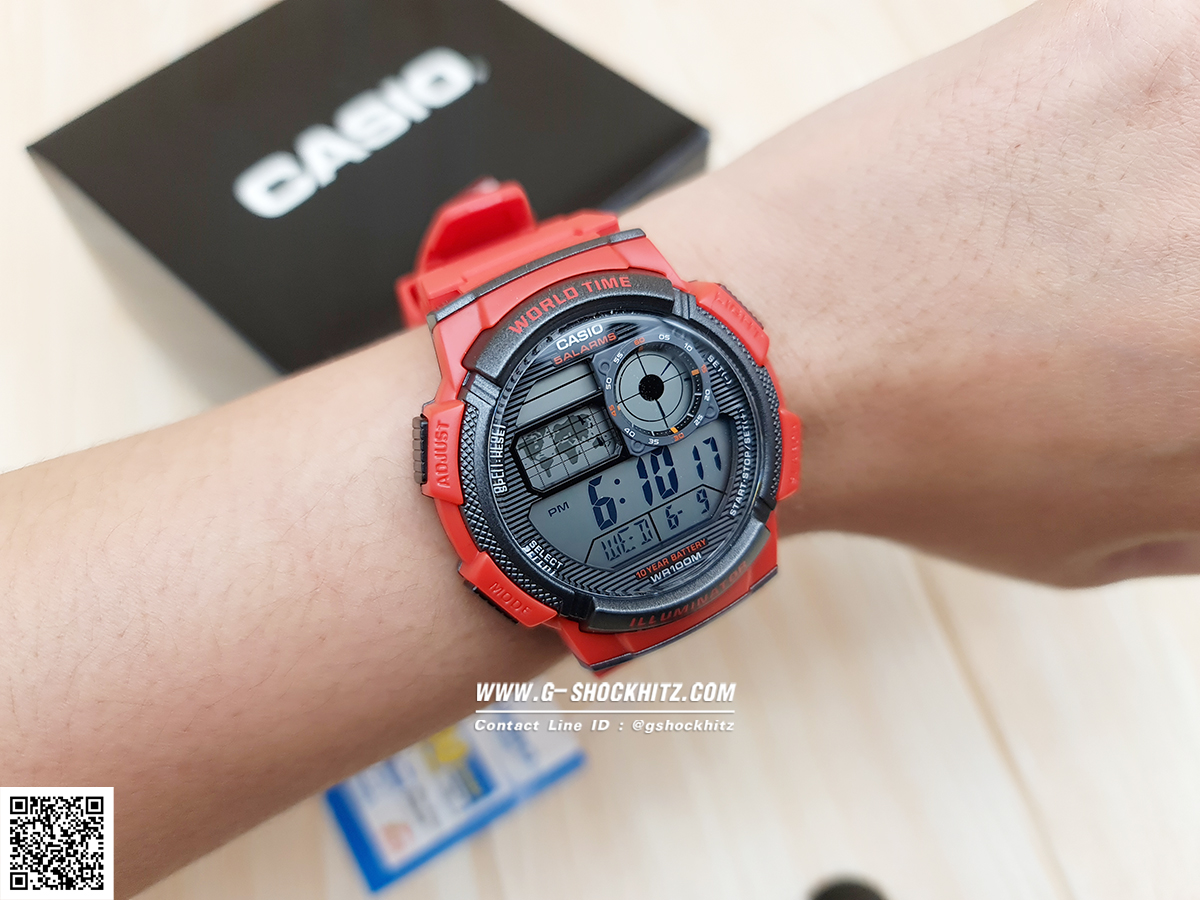 CASIO นาฬิกาคาสิโอ นาฬิกาข้อมือ นาฬิกากันน้ำ นาฬิกาของแท้ ประกันศูนย์ CMG 1 ปี รุ่น AE-1000W-4A นาฬิกาสีแดง