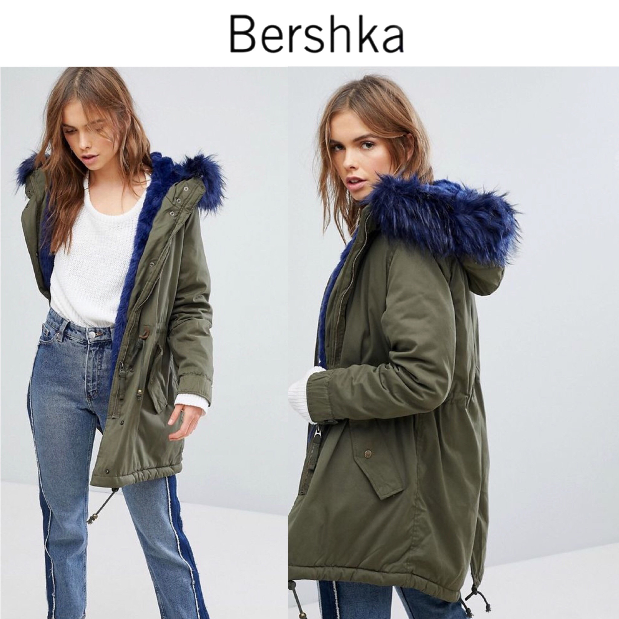 BERSHKA เสื้อโค้ท โค้ทฮูท กันหนาว เสื้อparka ฮูท กันหนาวสีเขียว แบรนด์เนมBERSHKA แต่งเฟอร์ สีน้ำเงิน ซับขนอุ่นน้ำเงิน งานสวย มากคะ Size S/M/L/2L/3L สำเนา สำเนา เขียวเฟอร์น้ำเงิน