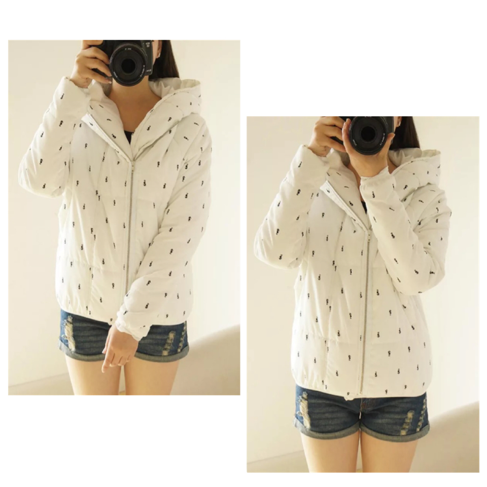 เสื้อกันหนาว เสื้อหนาวหมวกฮูท สีขาว บุนวมอุ่น พิมพ์ลายม้าน้ำ เนื้อผ้าเนียน นุ่ม. สินค้างานญี่ปุ่นคะ