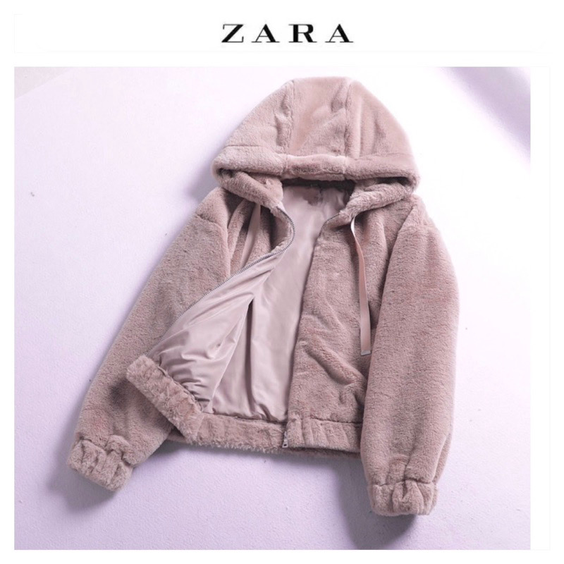 Zara เสื้อเฟอร์กันหนาว หมวกฮู้ด เสื้อขน แบรนด์zara สำเนา ดำ