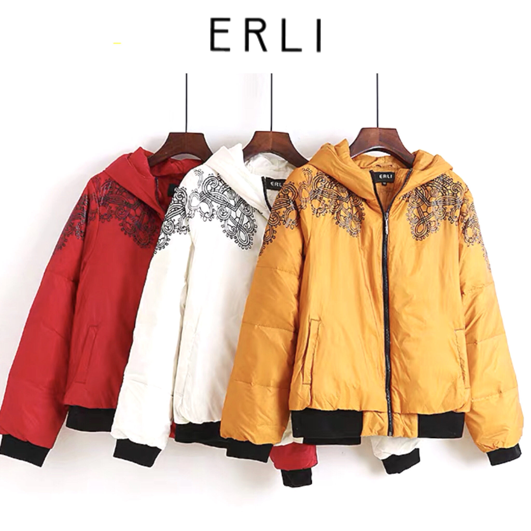 เสื้อฮูทขนเป็ด เสื้อฮู้ด กันหนาว สีแดงบุนวมอุ่น แต่งลายกราฟฟิค ERLI แดง