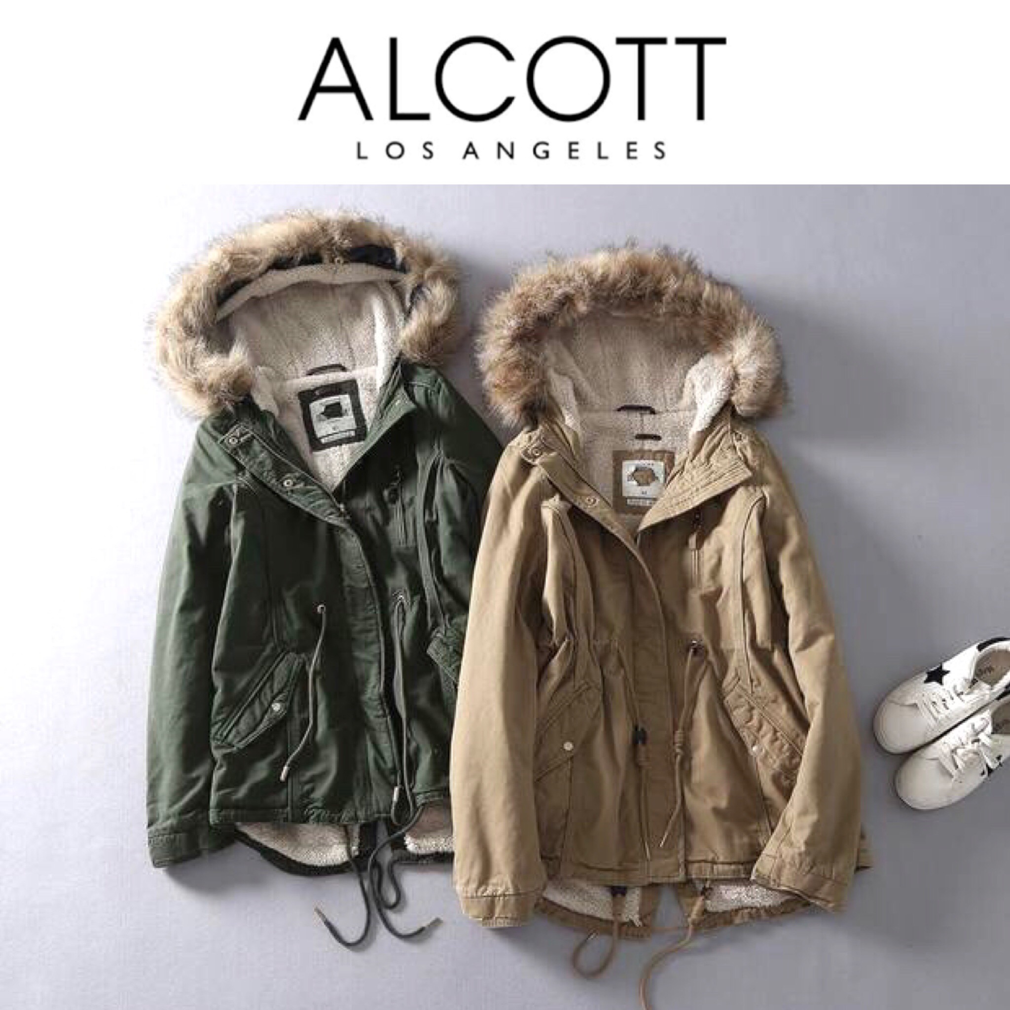 เสื้อกันหนาว เสื้อแนวPARKA กันหนาว แต่งฮูทติดเฟอร์ สีกากี แบรนด์เนม ALCOTT LOSANGELES UK แท้ ซับขนอุ่นสีขาว งานสวยเนี๊ยบมากคะ Size S/M/L /XL กากี