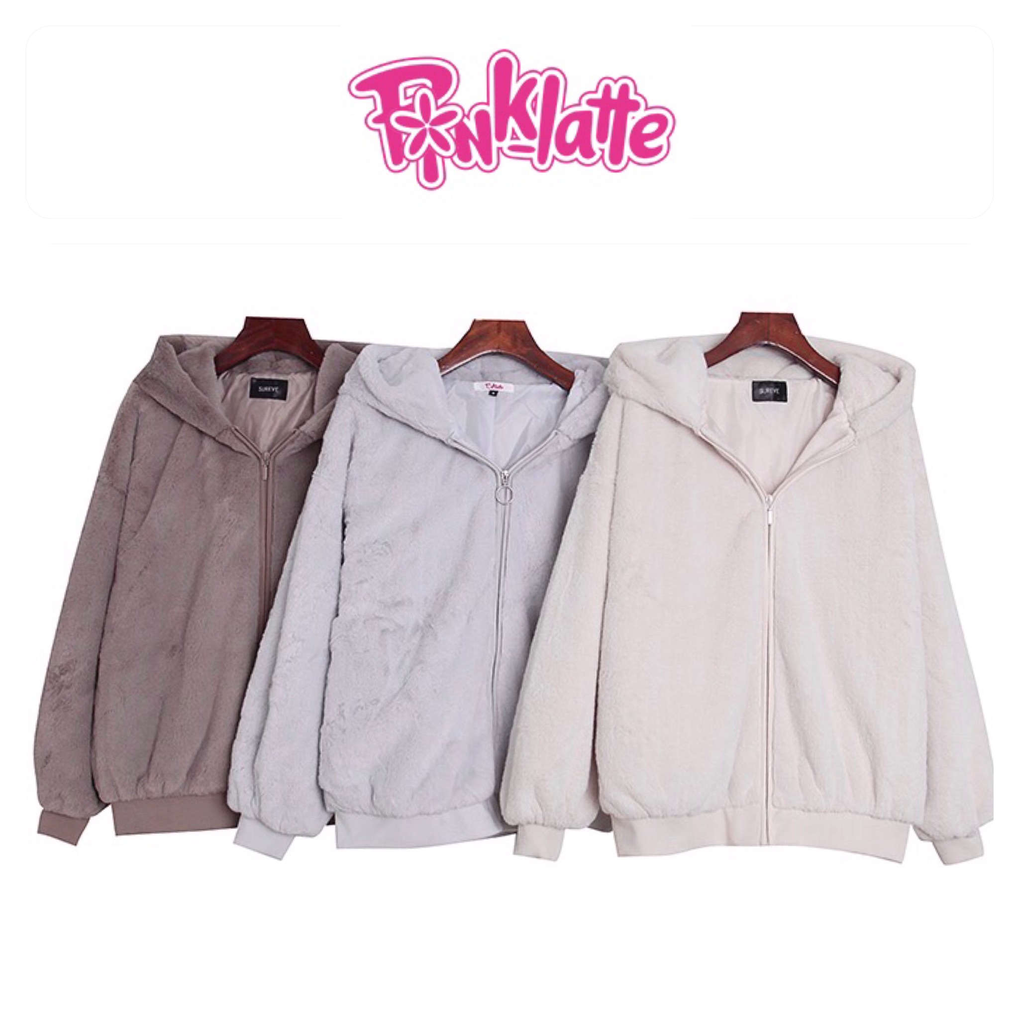Pink latte เสื้อเฟอร์กันหนาว หมวกฮู้ด เสื้อขน (FLUFFY COAT ) แบรนด์ Pink latte
