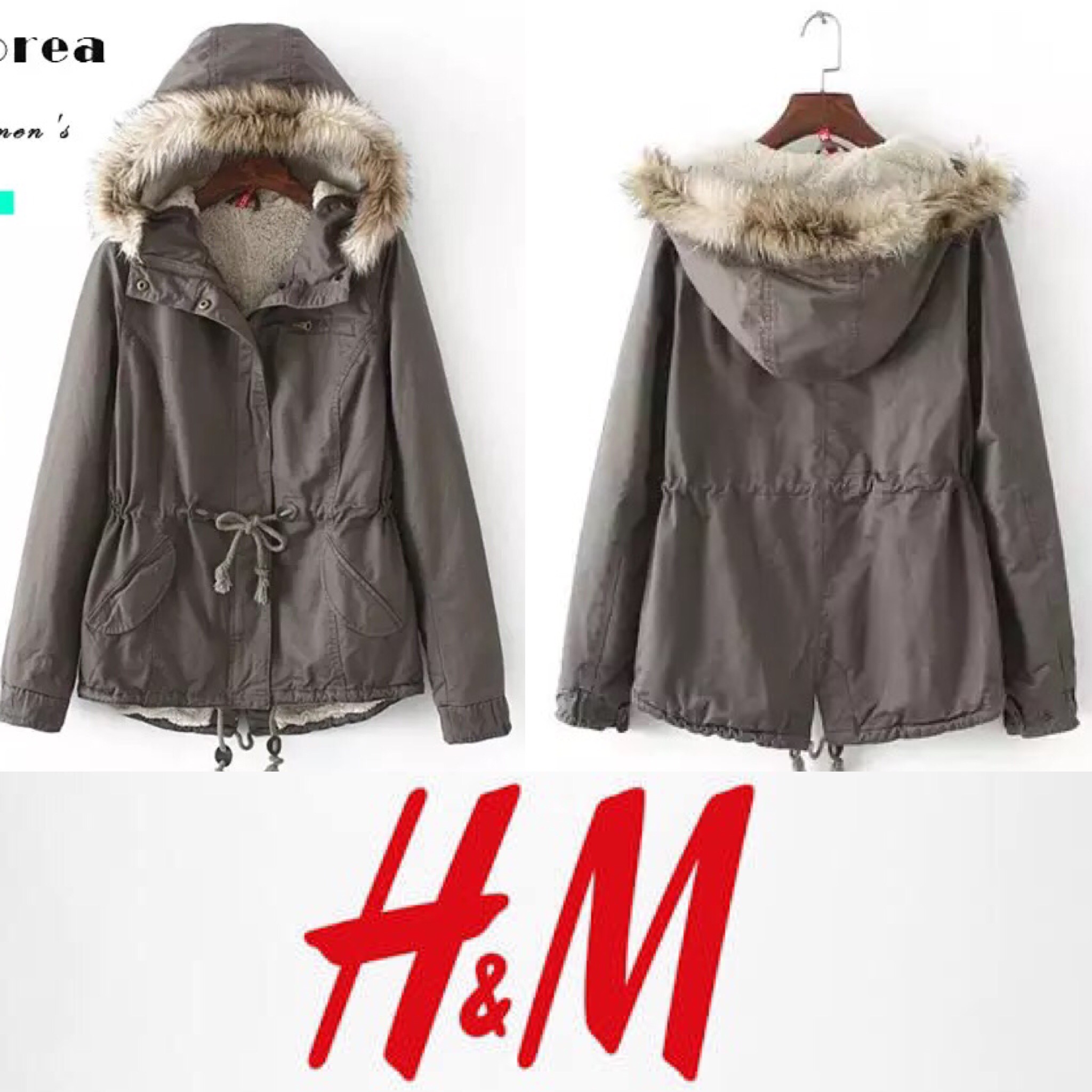 เสื้อโค้ท เสื้อกันหนาว สีเทา แบรนด์เนม H&M แต่งหมวกฮูท บุขนอุ่นสีขาวด้านใน แต่งขนเฟอร์ขอบหมวก แพทเทินสวย งานหรู อุ่น มากคะ size S/M/L/XL/XXL เทา