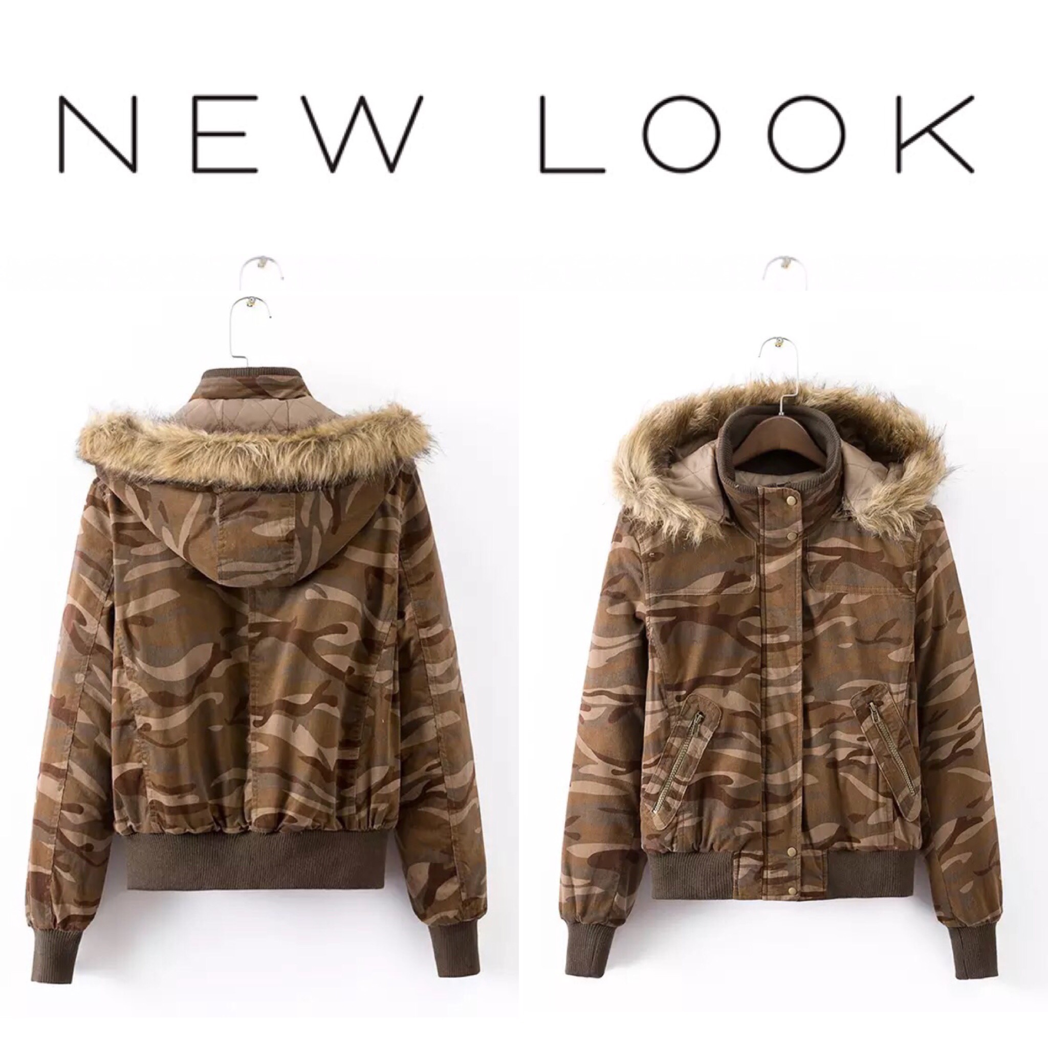 เสื้อกันหนาว เสื้อลายพราง คาโม โทนน้ำตาล แบรนด์เนม New Look Japanแท้100%แต่งหมวกฮูท ติดขนเฟอร์ (หมวกฮูท ถอดใส่ได้คะ) เนื้อผ้าลูกฟูก ด้านในแต่งซับ ผ้านวม เนื้อนุ่มลื่น สวมใส่สบาย อุ่นมากๆเบยคะ size M ลายพราง