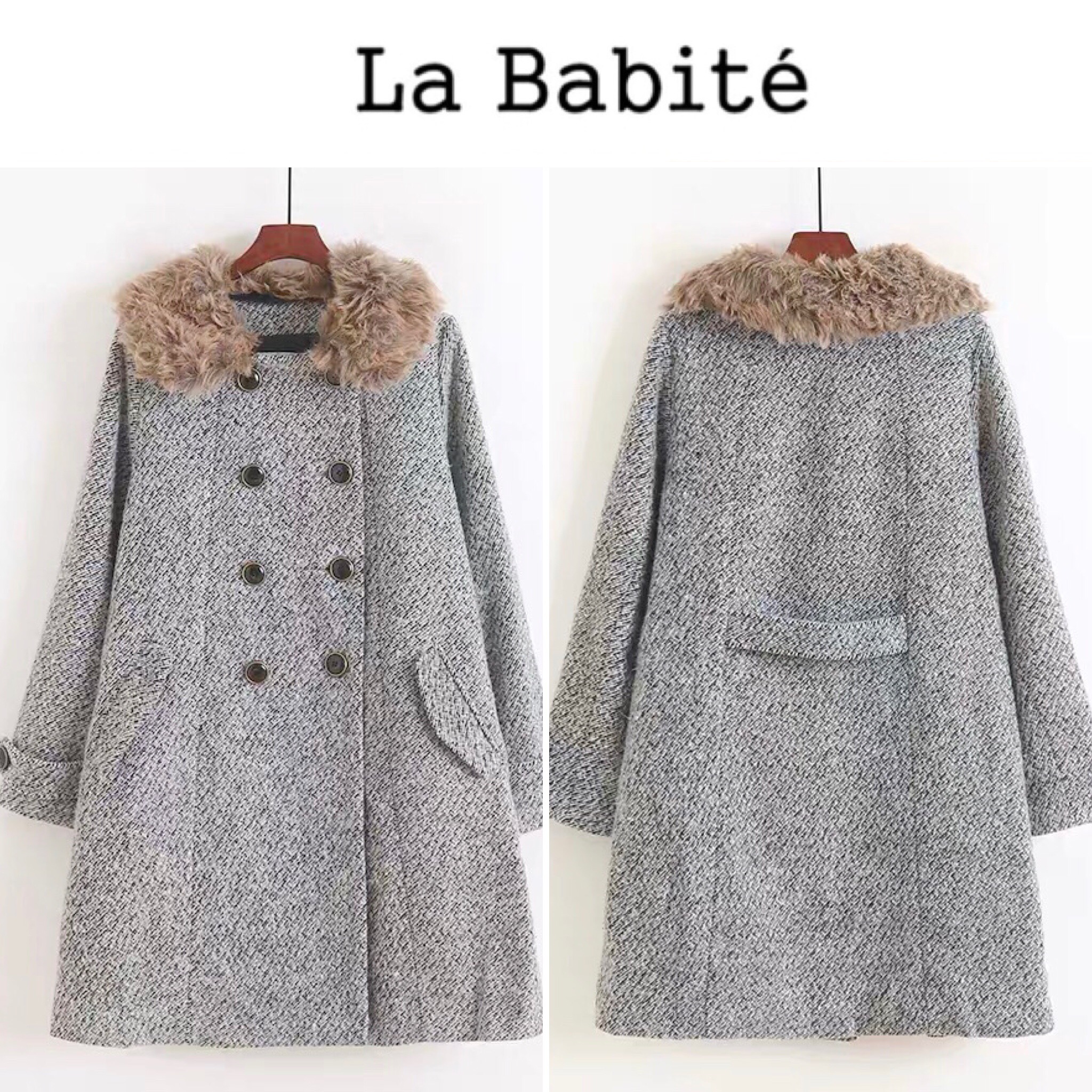 La babite เสื้อกันหนาวฮูท เสื้อฮู้ดแต่ง ขนเฟอร์ เนื้อผ้าวูล ผสมขนแกะ คอปก &ขนเฟอร์ถอดได้ค่ะ แบรนด์ LA BABITE(งานตัดป้าย) เทา