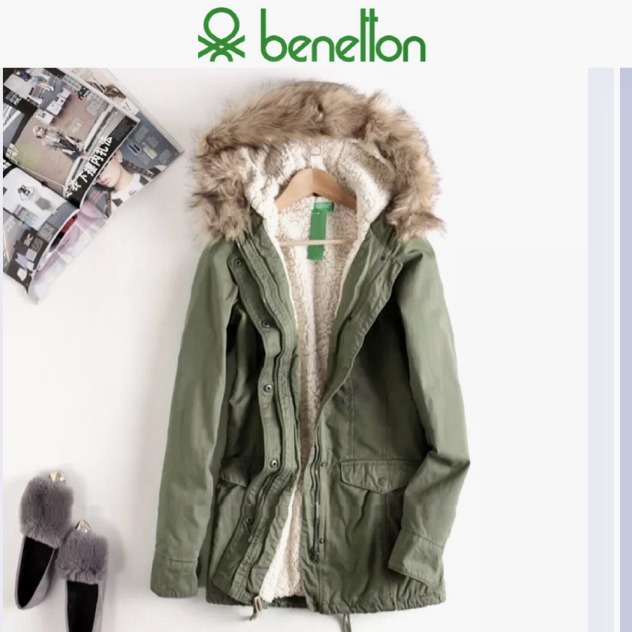 Benetton เสื้อกันหนาว parka ปาร์ก้า โค้ทกันหนาว เสื้อฮูทเฟอร์ สีเขียว แบรนด์เนม BENETTON แต่งขนเฟอร์ ซับขนอุ่นด้านใน(เฟอร์ถอดได้คะ) เขียว