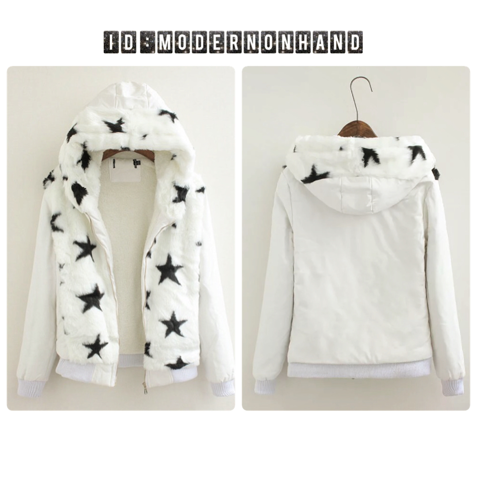 เสื้อกันหนาวแต่งขนลายดาว ติดหมวกฮูท แขนหนัง สวย อุ่น หรู มากๆคะ