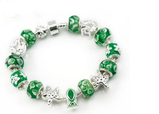 สร้อยข้อมือ Diy สไตล์ Pandora สร้อยข้อมือ ผู้หญิง Hand made ร้อย Glass Bead สีเขียว ชาร์ม ปลาดาว สีเงิน ปลาสีเขียว 919231