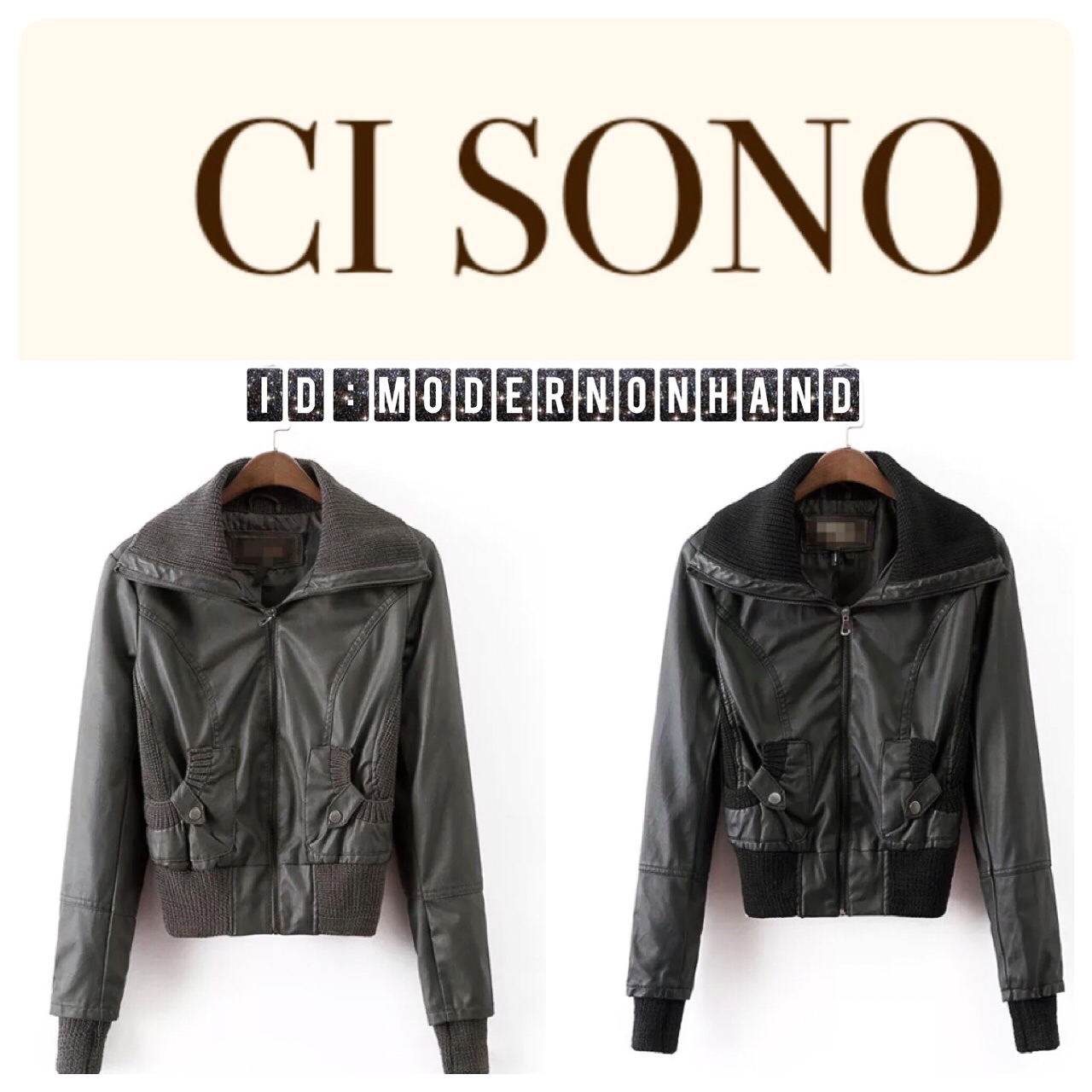 เสื้อแจ็คเก็ตหนัง สีเทา เอวจั๊มพ์ แต่งนิตติ้ง แบรนด์เนม CI SONO by CAVALINI ปกด้านใน ซับแขนไหมพรมถัก ปลายแขนด้านใน งานนอก สวยเทพ คะ SizeS/M/L /XL