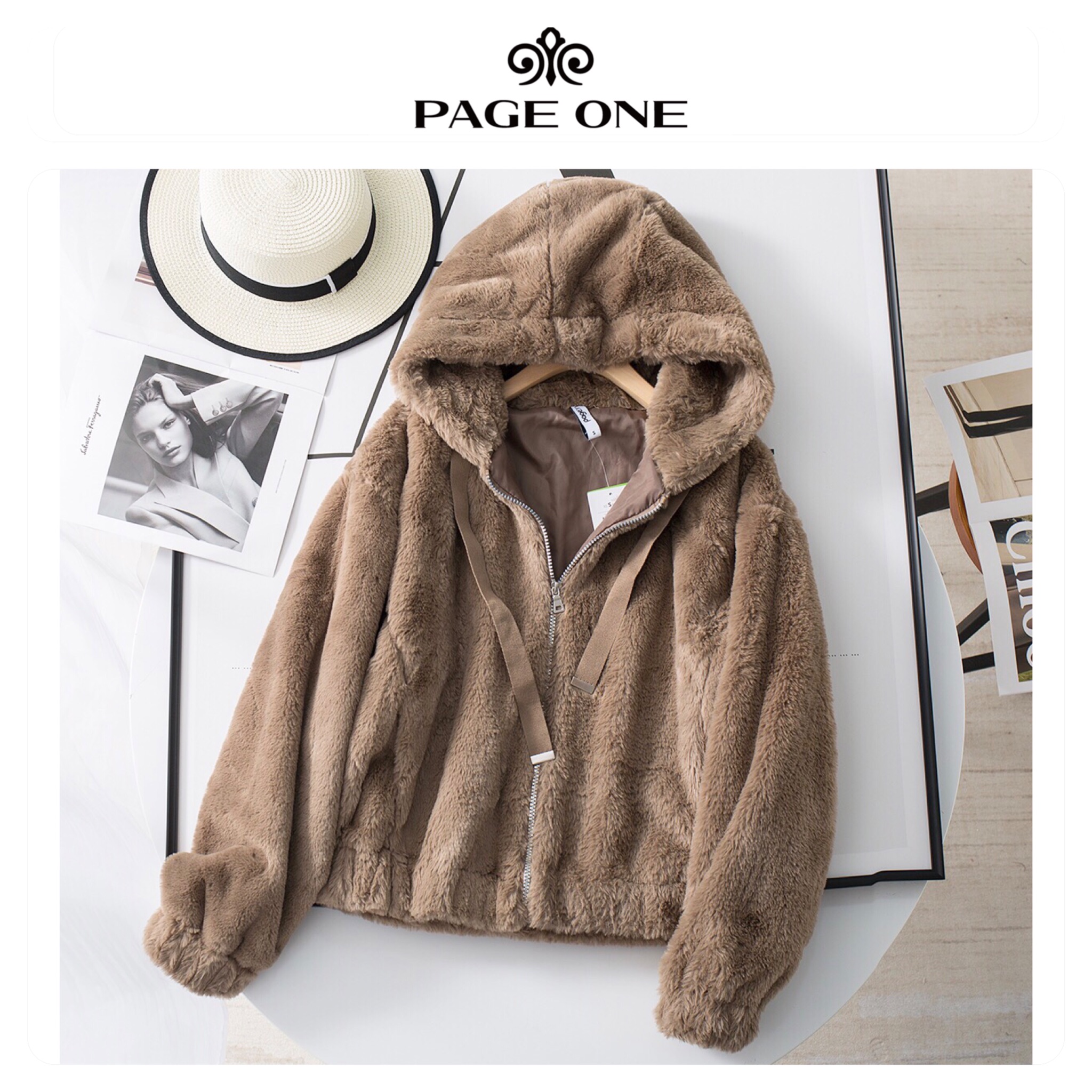Page one เสื้อเฟอร์กันหนาว หมวกฮู้ด เสื้อขน Fluffy coat แบรนด์ page One ดำ