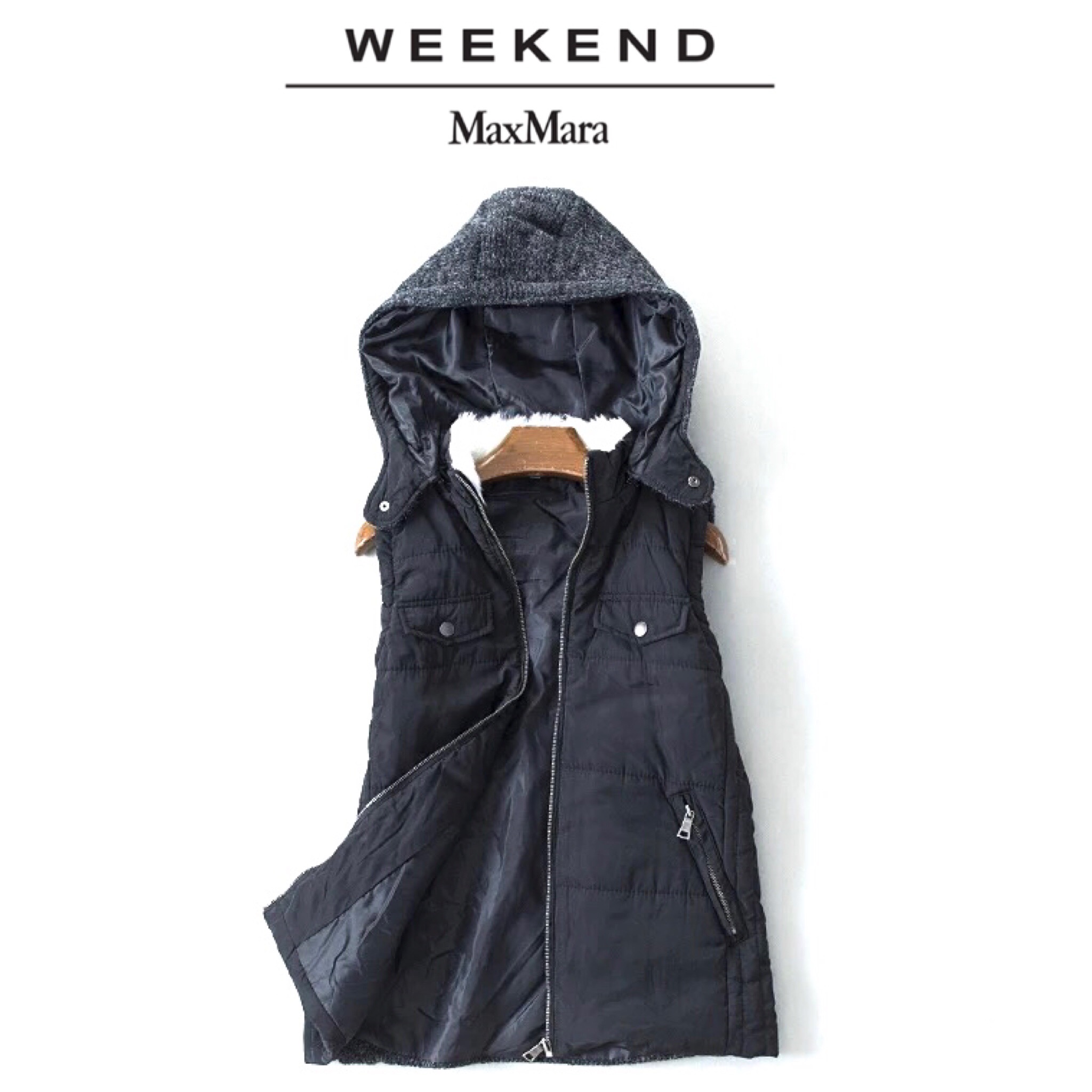 เสื้อกั๊ก กันหนาว กั๊กฮูทสีดำ แต่งขนสีขาวคอปกด้านใน แบรนด์WEEKEND (ฮูทถอดได้คะ) ดำ