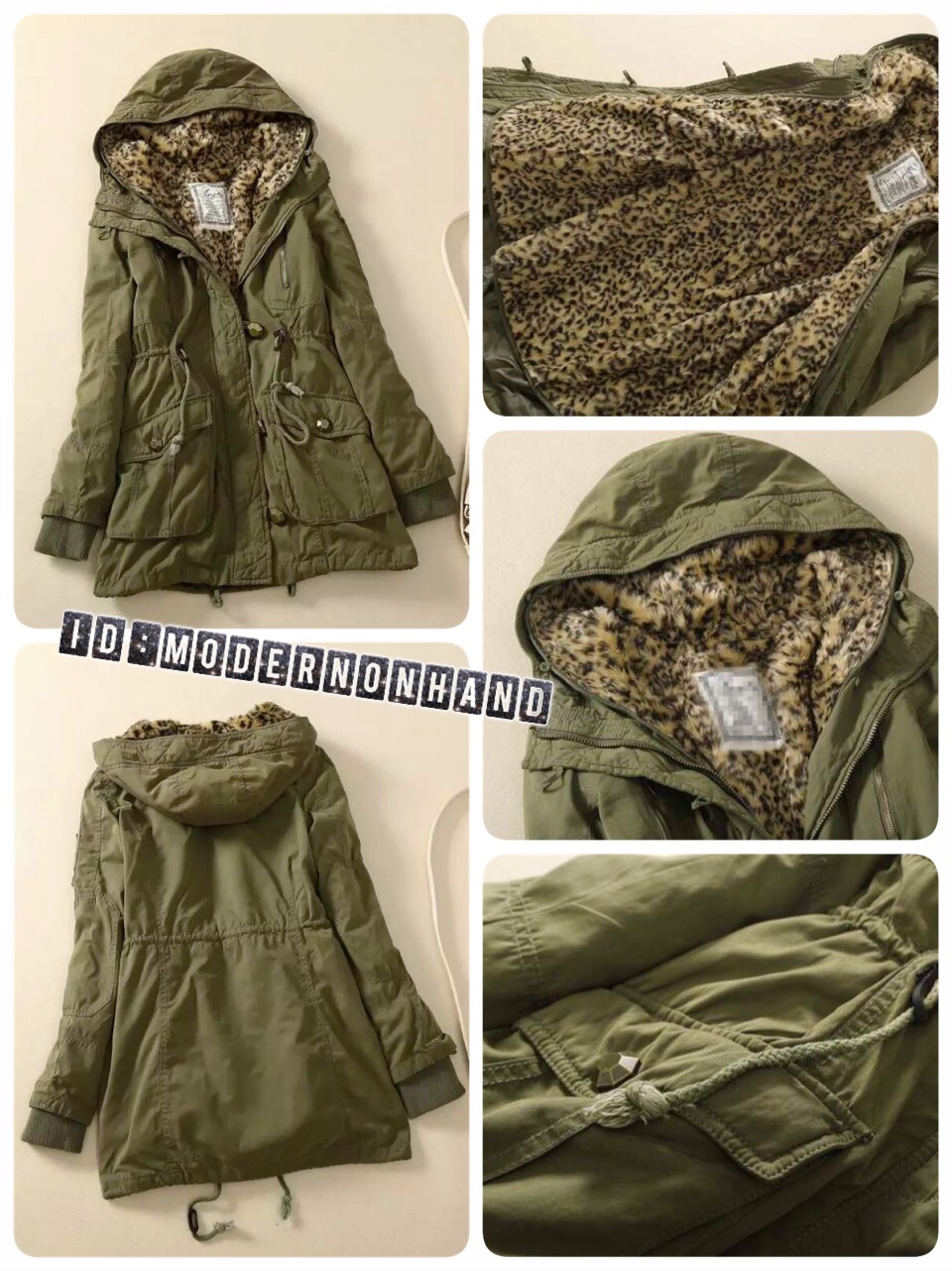 Ingni เสื้อโค้ท เสื้อกันหนาว สีเขียว ทหาร ติดหมวกฮูท แต่งขนเฟอร์ปลายหมวก แต่งซับขนด้านในลายเสือ งาน หรู แบรนด์เนม INGNI งานเทพ อุ่นมว๊ากคะ •ขนด้านใน ถอดเป็นเสื้อกั๊ก ได้ทั้งตัวคะ •เฟอร์ปลายหมวก ถอดใส่ได้คะ เขียว