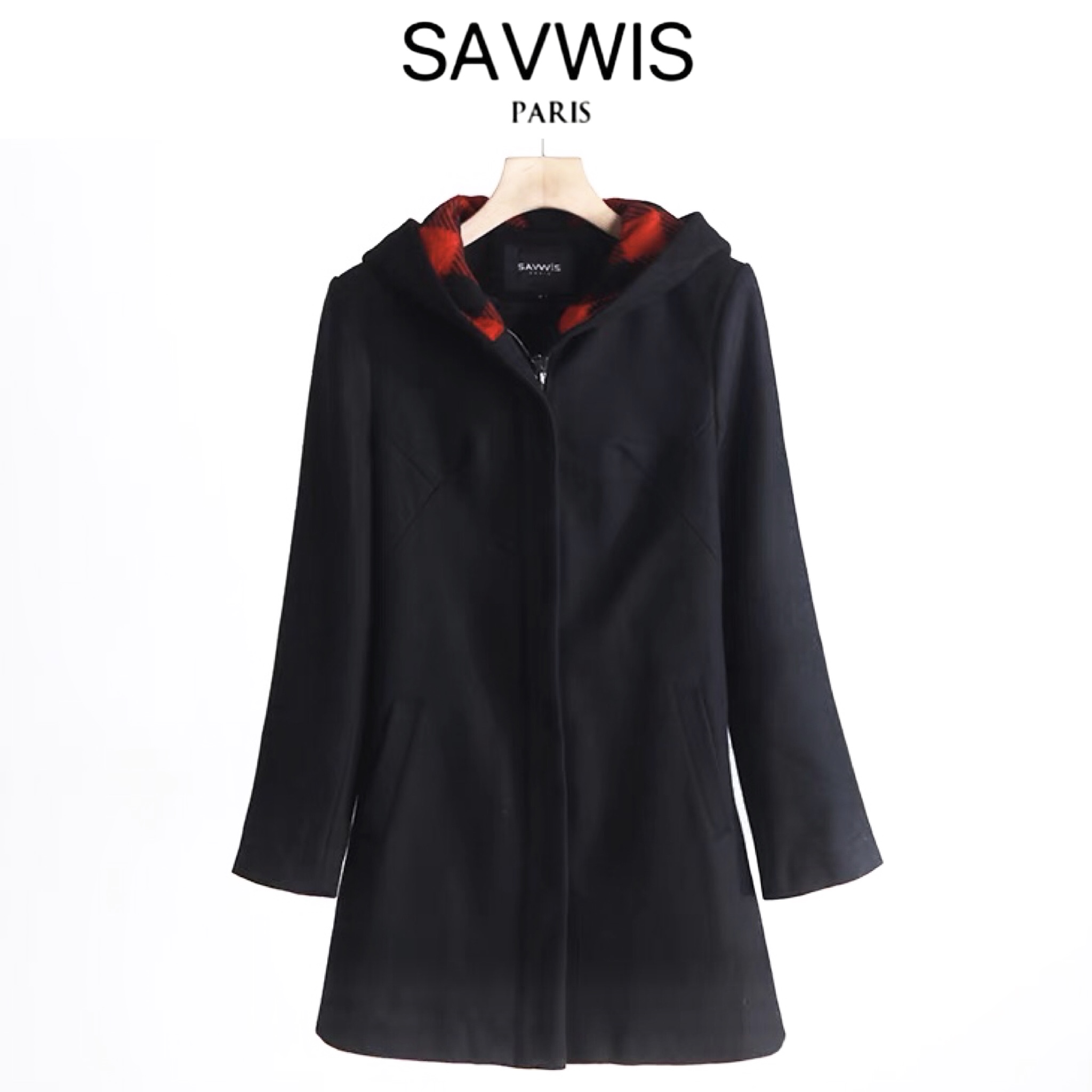 SAVWIS โค้ทกันหนาว โค้ทสักหลาดวูล หมวกฮู้ด แบรนด์SAVWIS ดำ