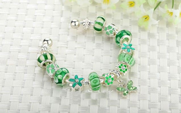 สร้อยข้อมือ Diy สไตล์ Pandora สร้อยข้อมือ แต่ง ชาร์ม ดอกไม้ ธีม สีเขียว ห้อย จี้ ผีเสื้อ เก๋ ๆ ติดดาว บีด สีเขียว ของขวัญให้แฟน เก๋ ๆ 415773