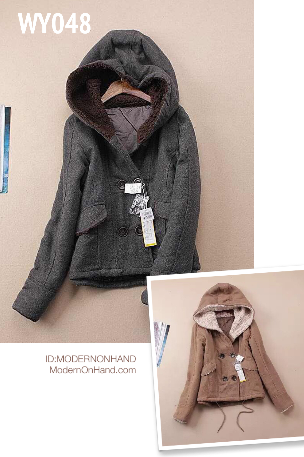 เสื้อกันหนาว ติดฮูท brand name WAnCHECHOU from TOKYOสีเทาเข้ม แต่งซับขนด้านใน แต่งกระดุมสองแถบ Size M เทาดำ