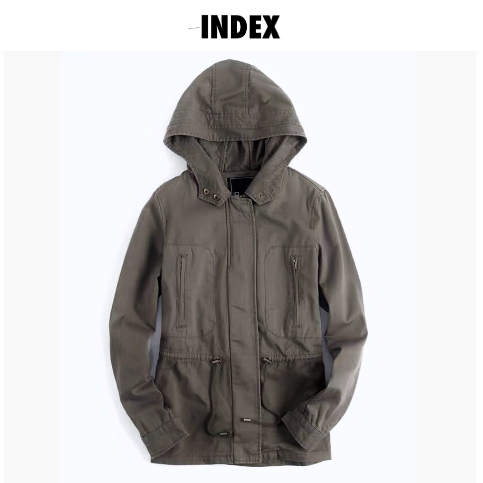 Index เสื้อฮู้ดทหาร เสื้อคลุม สีเขียวอมเทา หมวกฮู้ด เสื้อปาร์กา เสื้อ นอก งานสวย เท่ห์มากคะ Size S/M/L/XL เขียวเทา