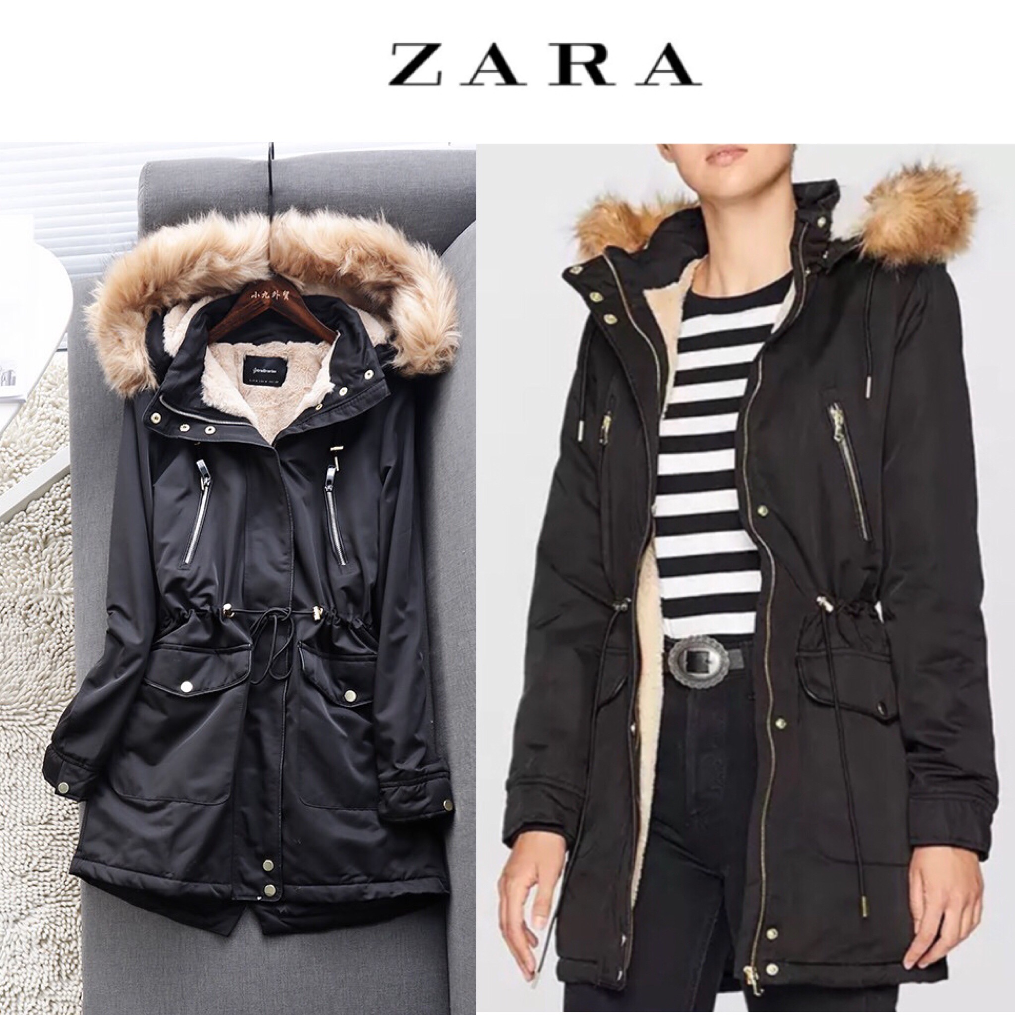 Zara เสื้อฮู้ด เสื้อโค้ทฮูท กันหนาว สีดำ แต่งเฟอร์ แบรนด์ zara แต่งซับขนอุ่น (ฮู้ด&ขนเฟอร์ถอดได้ทุกชิ้นคะ) ดำ