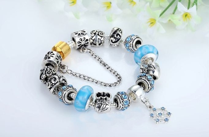 สร้อยข้อมือ Diy สไตล์ Pandora สร้อยข้อมือ ผู้หญิง Snow Theme สีฟ้า ฝัง เพชร คริสตัล ออสเตเรีย สีฟ้า ชาร์มเงิน เพิ่ม สีทอง เพิ่มความหรูหรา 68120