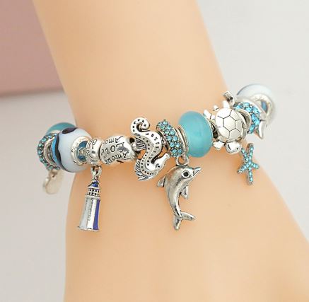 สร้อยข้อมือ Diy สร้อยข้อมือ สไตล์ pandora ธีม ท้องทะเล โทนสีฟ้า ห้อยจี้ ปลาโลมา สมอเรือ ประภาคาร 898753