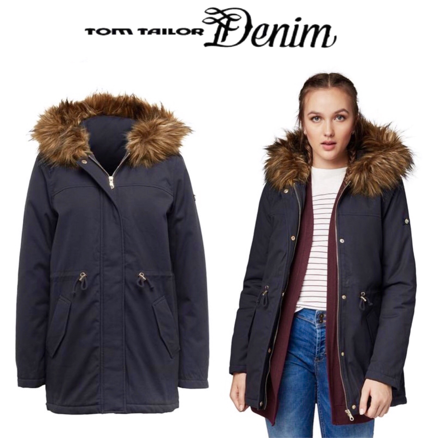 Tom tailor เสื้อฮูท เสื้อโค้ทฮูท กันหนาว สีกรม แต่งเฟอร์ แบรนด์ Tom tailorแต่งซับขนอุ่น (ขนเฟอร์ถอดได้คะ) สำเนา สำเนา สำเนา น้ำเงินกรม