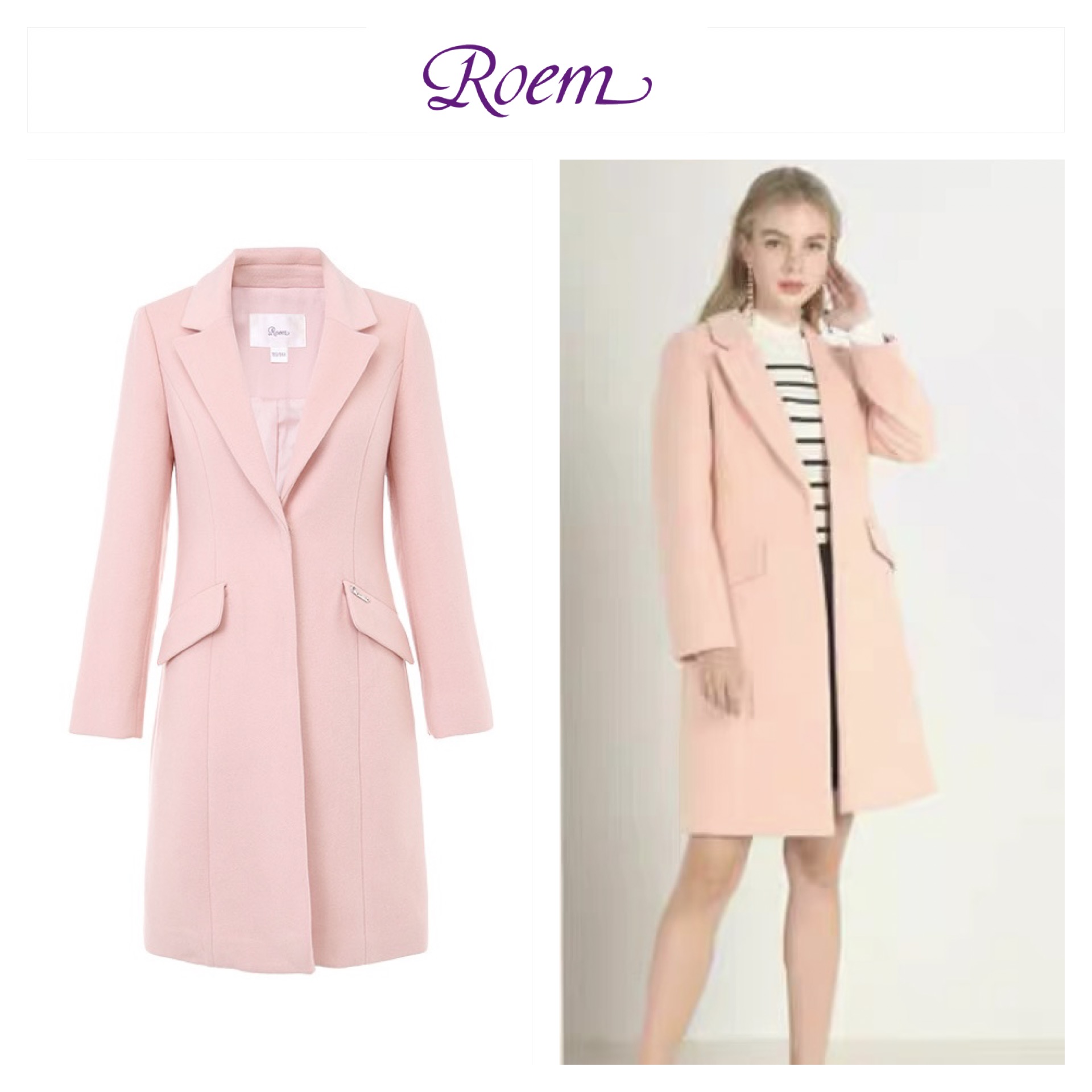 เสื้อโค้ทวูล Trench coat เสื้อโค้ทเฟอร์ โค้ทสักหลาดสีชมพูอ่อน แบรนด์ Roem