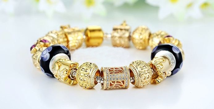 สร้อยข้อมือ Diy สไตล์ Pandora สร้อยข้อมือทอง ผู้หญิง ใส่ออกงาน สไตล์ วัยรุ่น มีระดับ ร้อย Charm ติดเพชร CZ สุดหรู สลับ Glass Beads สีดำ 773237