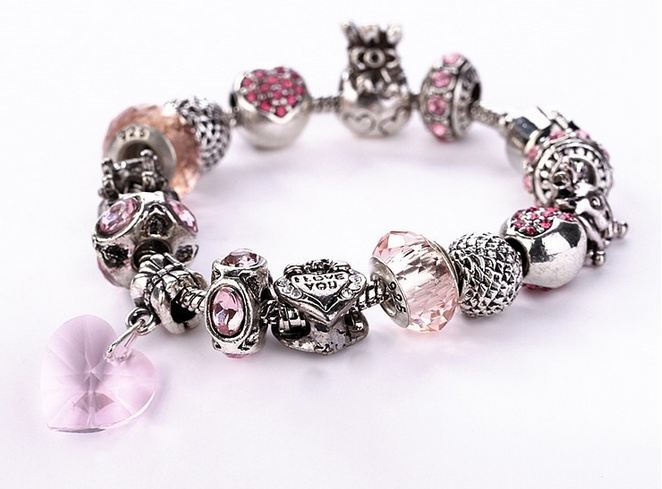 สร้อยข้อมือ Diy สไตล์ Pandora แต่ง ชาร์ม จี้เงิน ธีม หิมะ กวางเลนเดียร์ สลับคริสตัล สีชมพู สีม่วง ห้อยจี้หัวใจ คริสตัลแท้ สุดหรู ของขวัญให้แฟน 451313