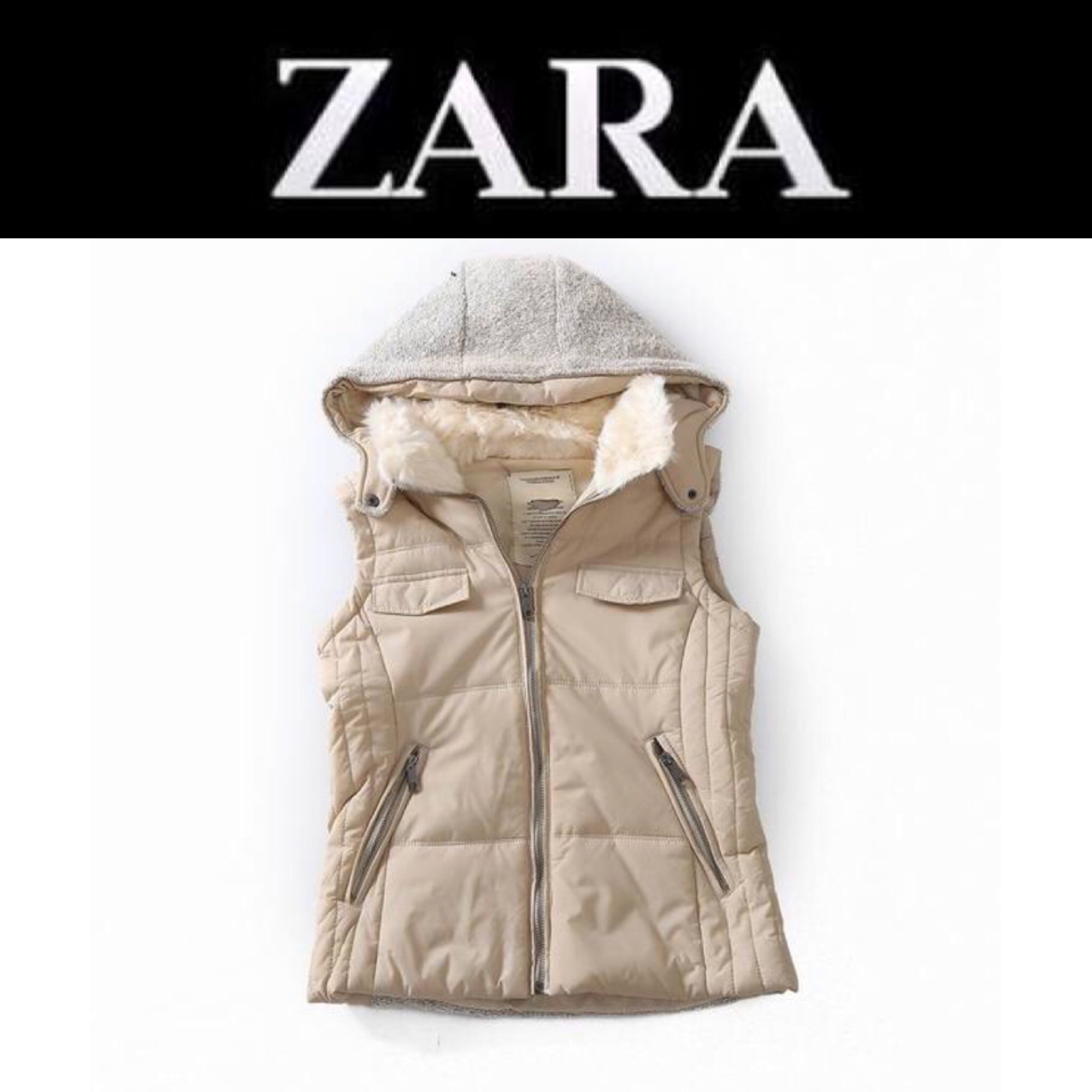 เสื้อกั๊กกันหนาว กั๊กZARA สีนูทกากี แต่งหมวกฮูท (ฮูทถอดได้คะ) แต่งขนอุ่น คอปกด้านใน แบบสวย น่ารักมากคะ นูทกากี