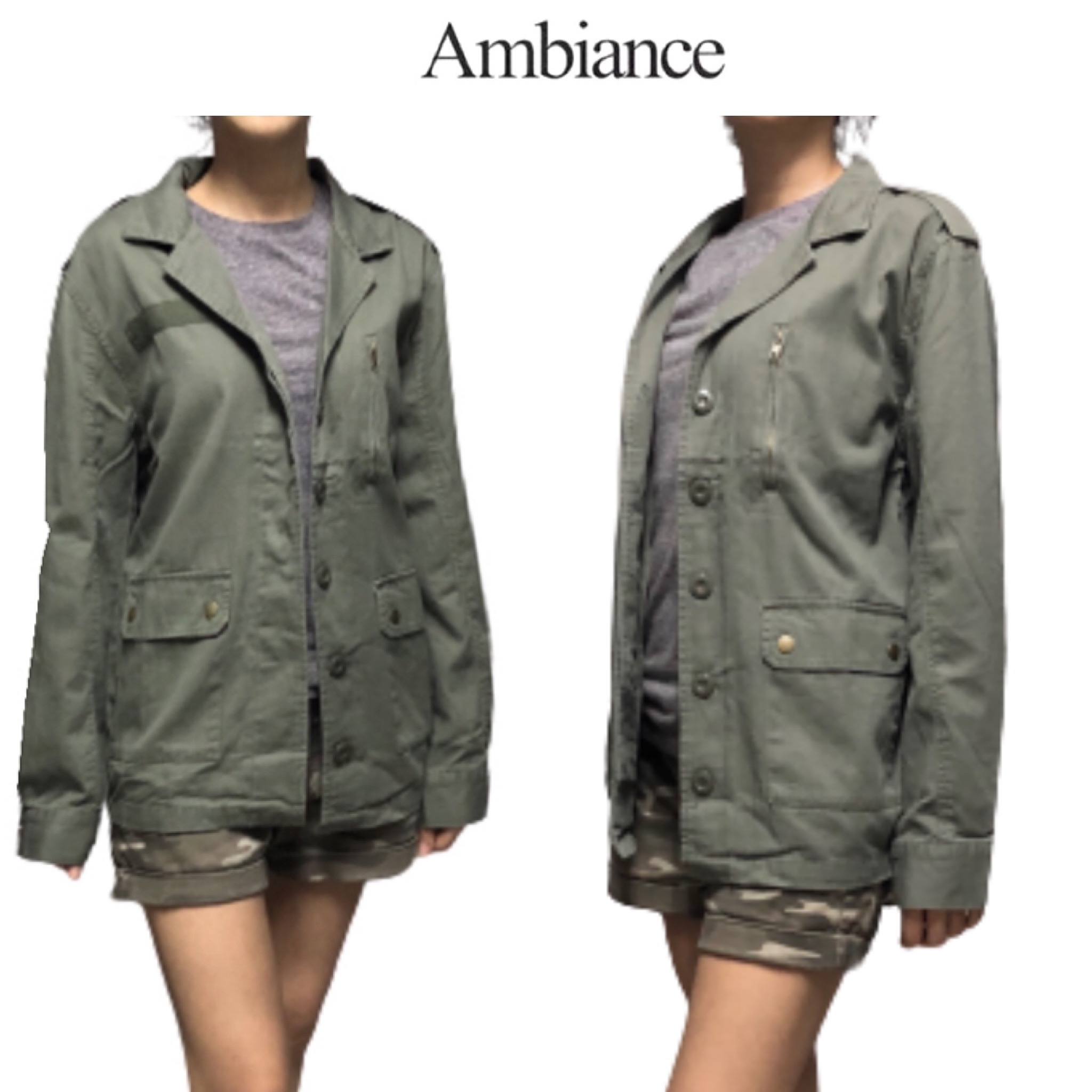 Ambiance เสื้อทหาร เสื้อแจ็คเก็ตเขียวทหาร เสื้อนอกแนวทหาร ambiance แพทเทินสวย เท่ห์มาก คะ สำเนา สำเนา เขียว