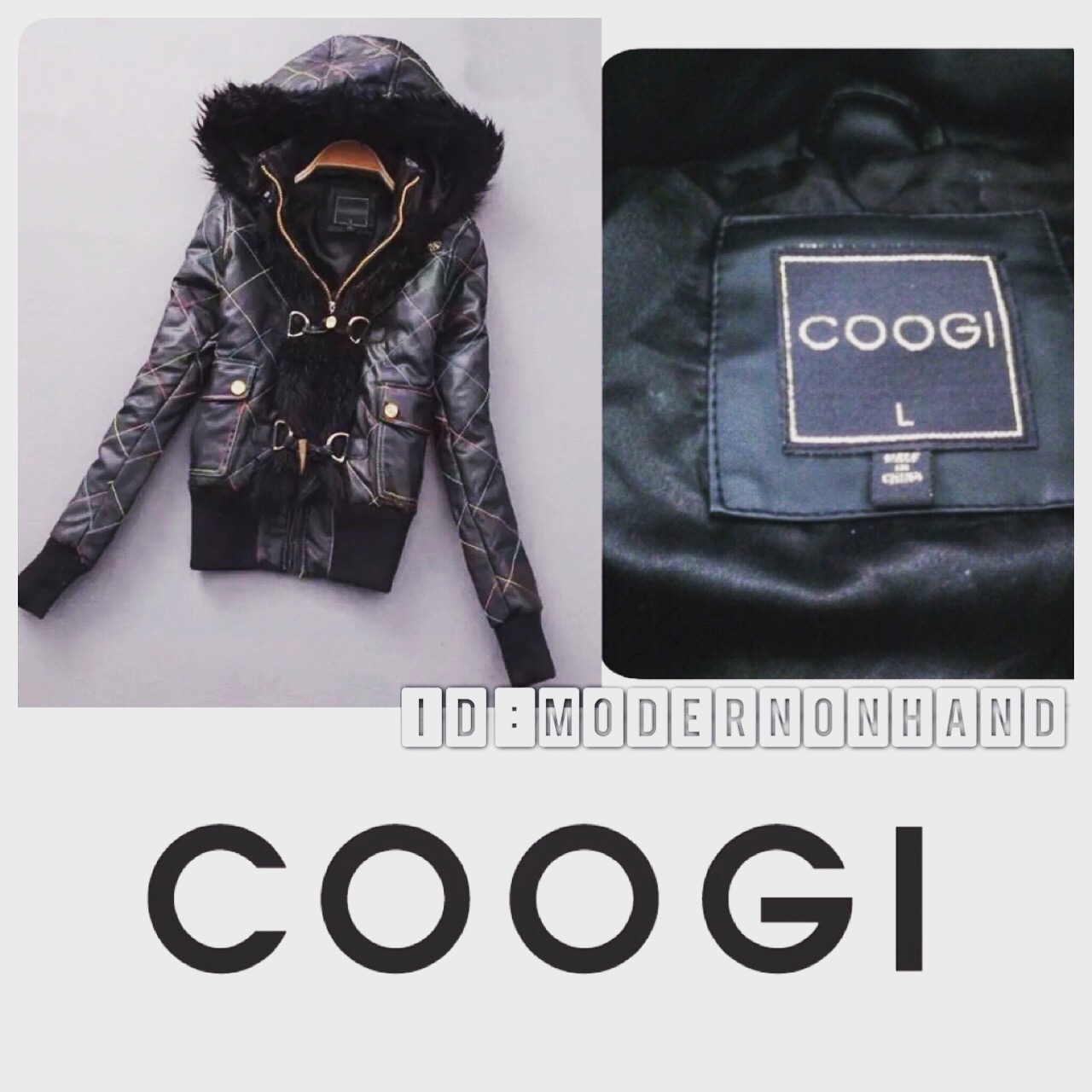 เสื้อกันหนาว หนังPU สีดำ แบรนด์เนม COOGI from Austraia เดินตะเข็บลายตาราง แต่งขนเฟอร์ สาบเสื้อและปลายหมวก (ฮูท&ขนเฟอร์ ถอดใส่ได้คะ) งานส่งยุโรป เกรดพรีเมี่ยม สวยเทพคะ Size S/M/L