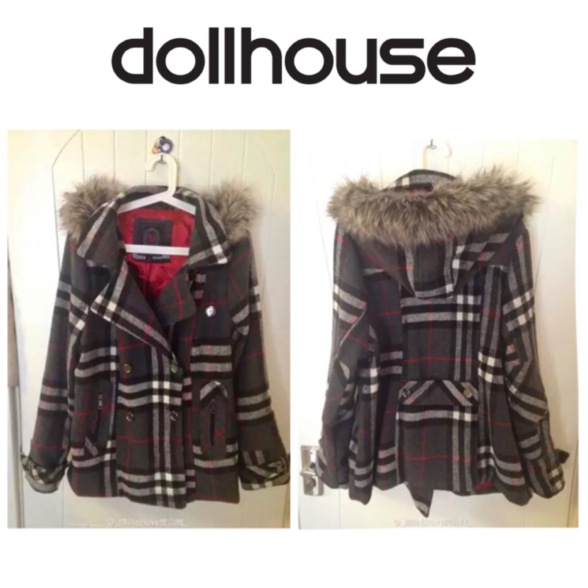 เสื้อกันหนาวสักหลาดผสมวู ลายตาราง classic burberry สีเทา brandname NYC DOLLHOUSE แต่งกระดุมสองแถบ ติดหมวกฮูท ติดเฟอร์ (หมวกมีกระดุมถอดใส่ได้คะ)สวย หรูคะ Size S