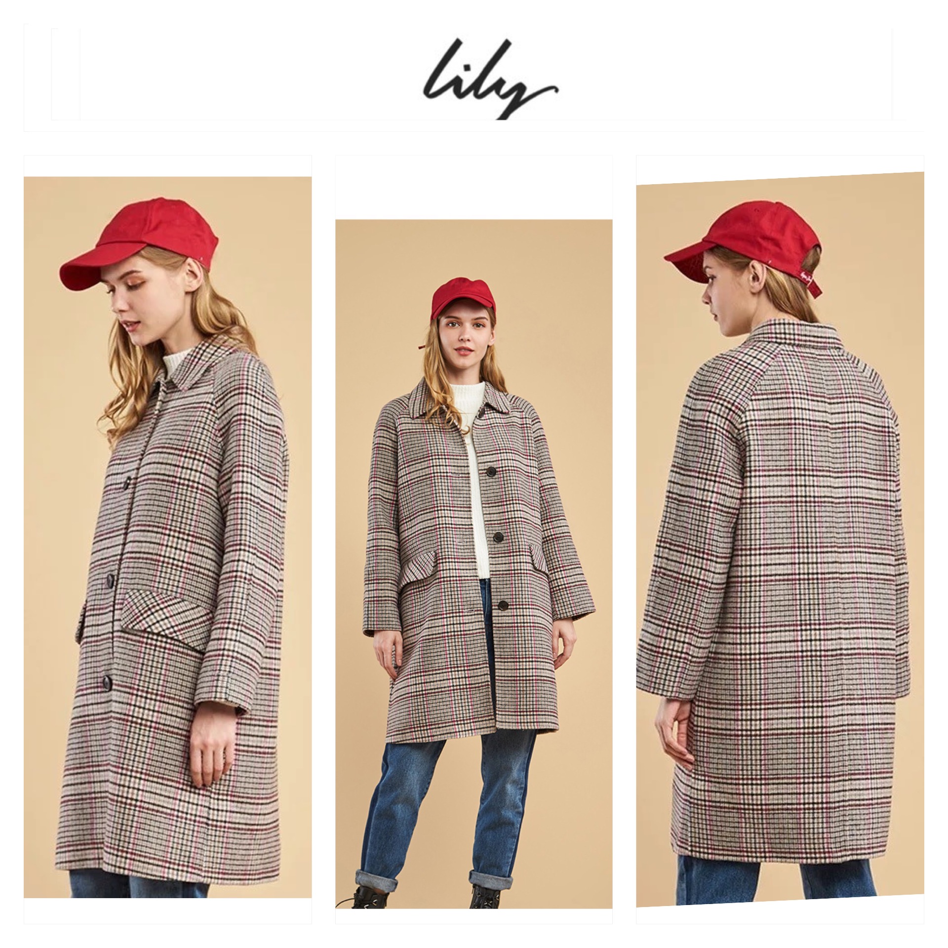 Lily เสื้อโค้ท เสื้อกันหนาว เนื้อผ้าสักหลาดวูล ลายตารางชมพูเทา แบรนด์lily
