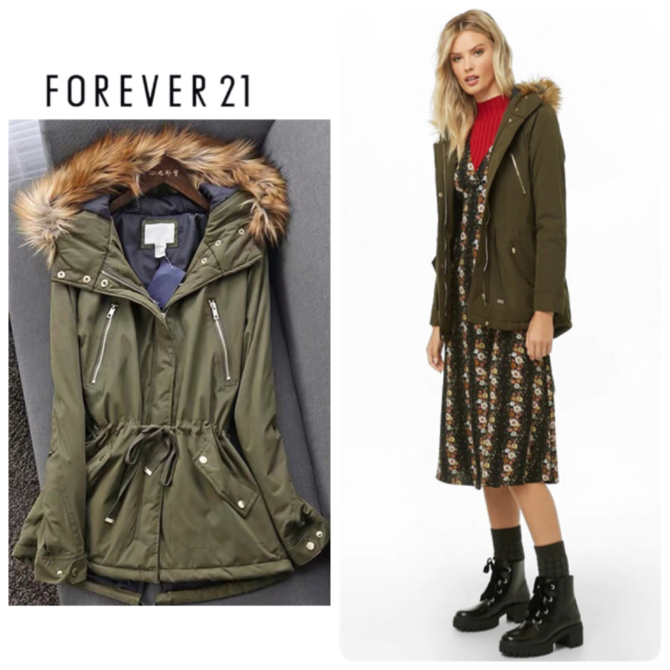 Forever21 เสื้อโค้ทฮู้ดกันหนาว เสื้อปาร์กา parka สีเขียว แต่งเฟอร์ แบรนด์ FOREVER21 เขียว