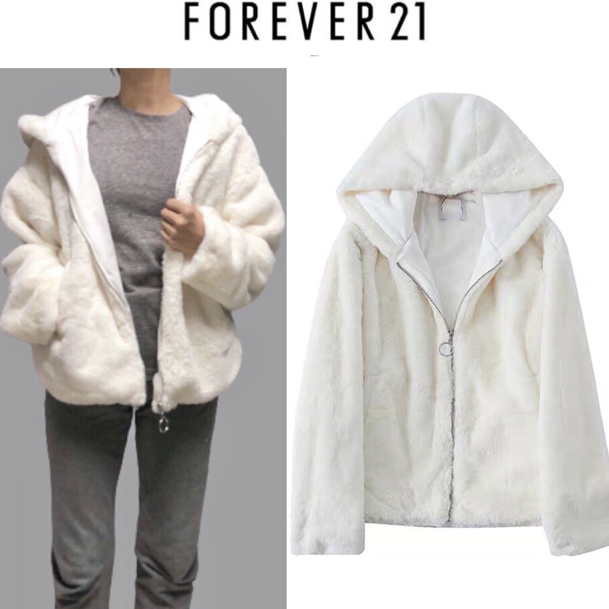 Forever21 เสื้อเฟอร์กันหนาว หมวกฮู้ด เสื้อขน แบรนด์ forever21 (FLUFFY COAT) ขาว