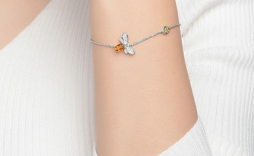 สร้อยข้อมือ เงินแท้ 925 ห้อย จี้ผึ้งน้อย สีเหลือง บุษราคัม สร้อยข้อมือฝังเพชร ใส่แบบสวย ๆ 400453