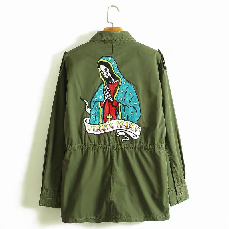 Virgin marry เสื้อนอกเขียวทหาร เสื้อแจ็คเก็ต แนวทหาร ลายปักVirgin marry เขียว
